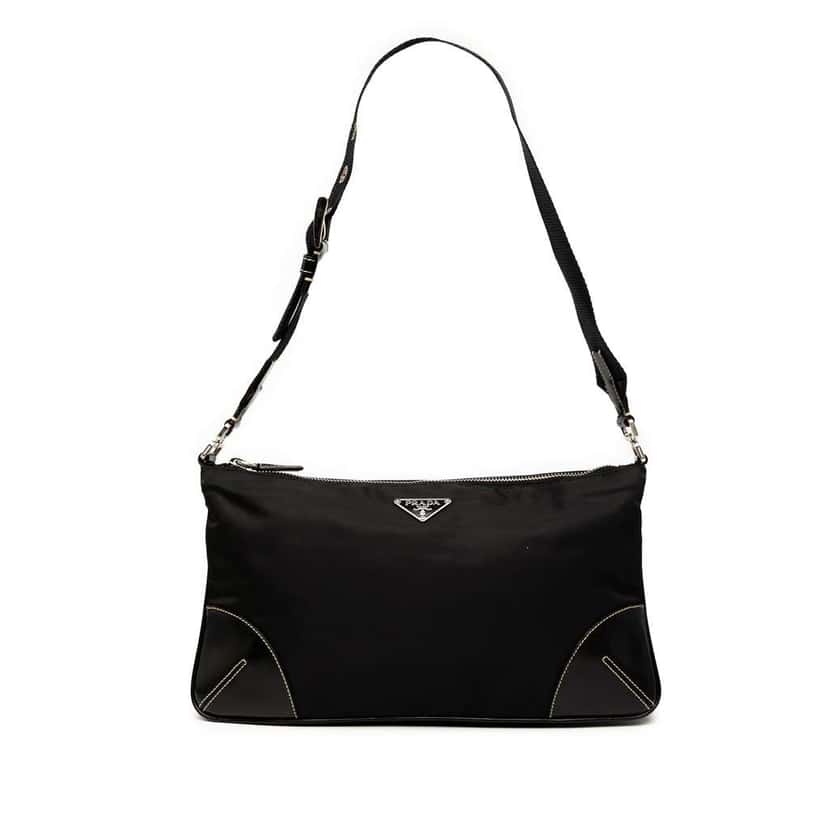 Prada Leather Trimmed Tessuto Shoulder Bag Black Good condition - Front View