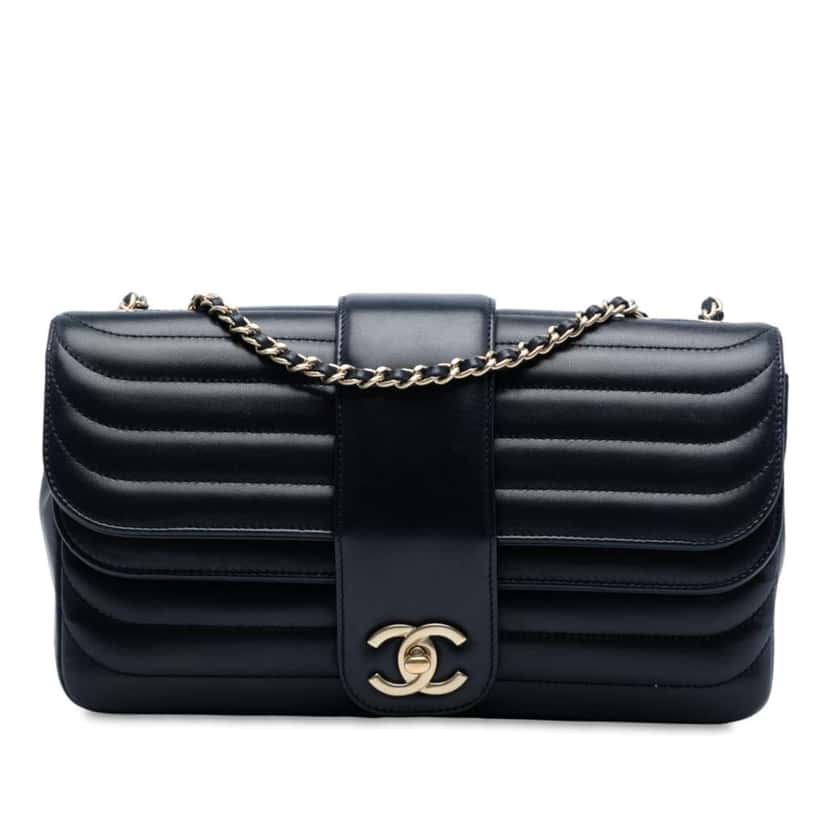 Chanel CC Horizontal Quilted Lambskin Double Flap Blue Leather Good condition - Front View