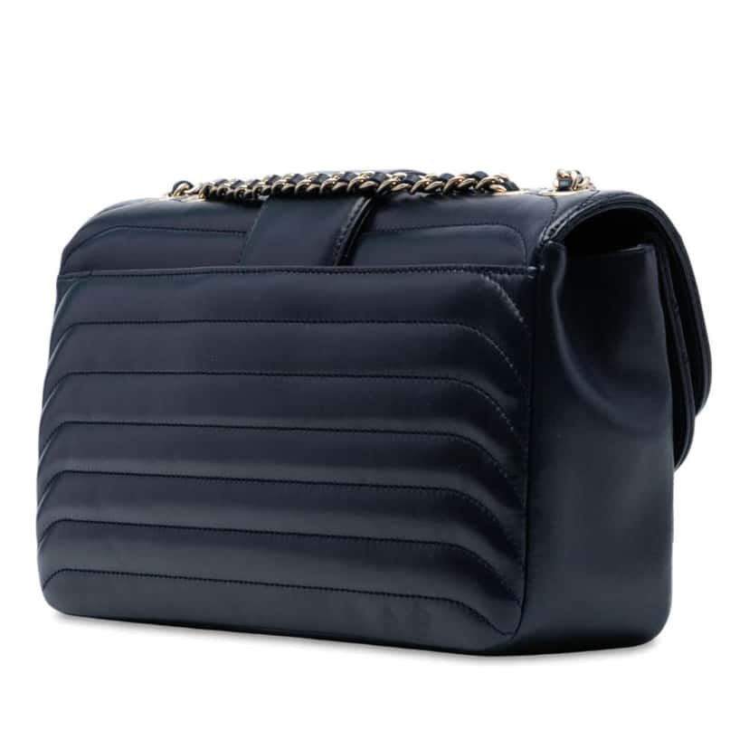 Chanel CC Horizontal Quilted Lambskin Double Flap Blue Leather Good condition - Back View