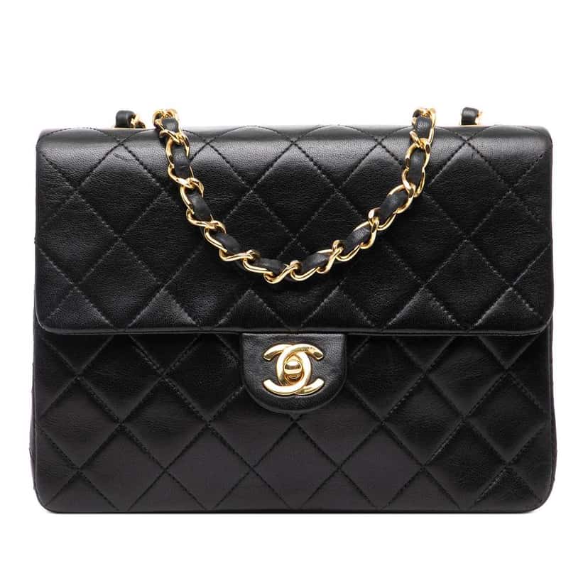 Chanel Square Quilted Lambskin Single Flap Black Leather Good condition - Front View