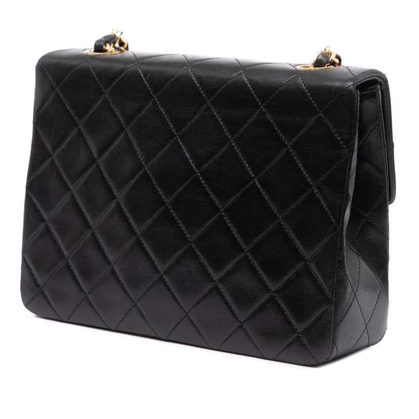 Chanel Square Quilted Lambskin Single Flap Black Leather Good condition - Back View