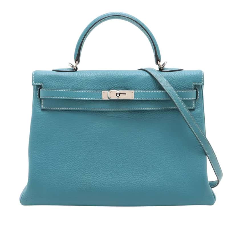 Hermès Clemence Kelly II Retourne 35 Blue Leather Good condition - Front View