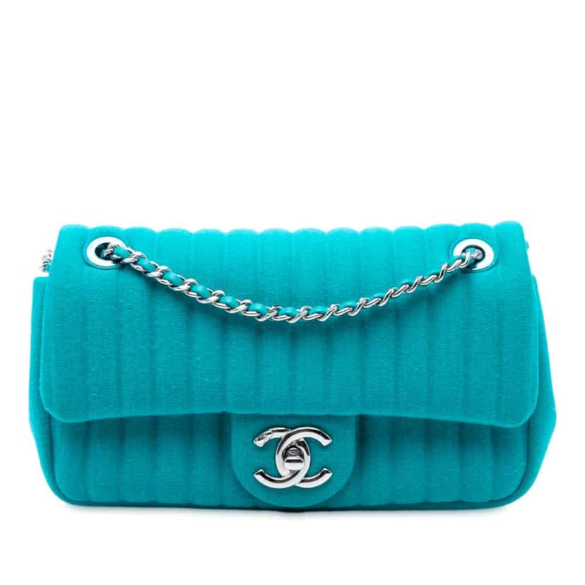Chanel Mini Vertical Quilted Jersey Single Flap Blue Cotton Good condition - Front View