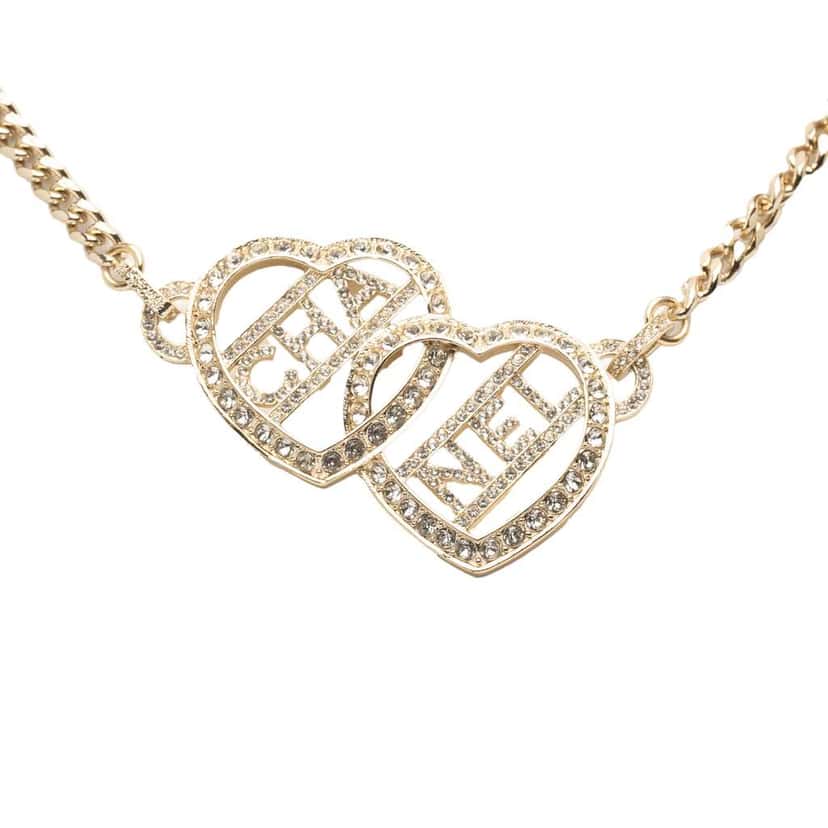 Chanel Gold Plated Rhinestones Heart Logo Choker Necklace Gold Metal Good condition - Front View