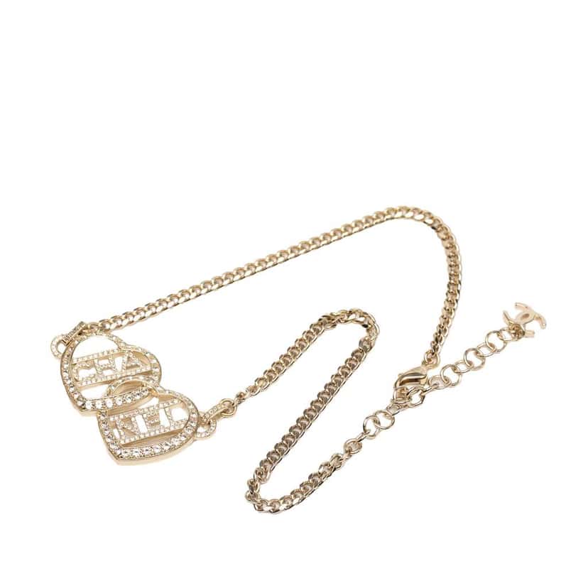 Chanel Gold Plated Rhinestones Heart Logo Choker Necklace Gold Metal Good condition - Inside View