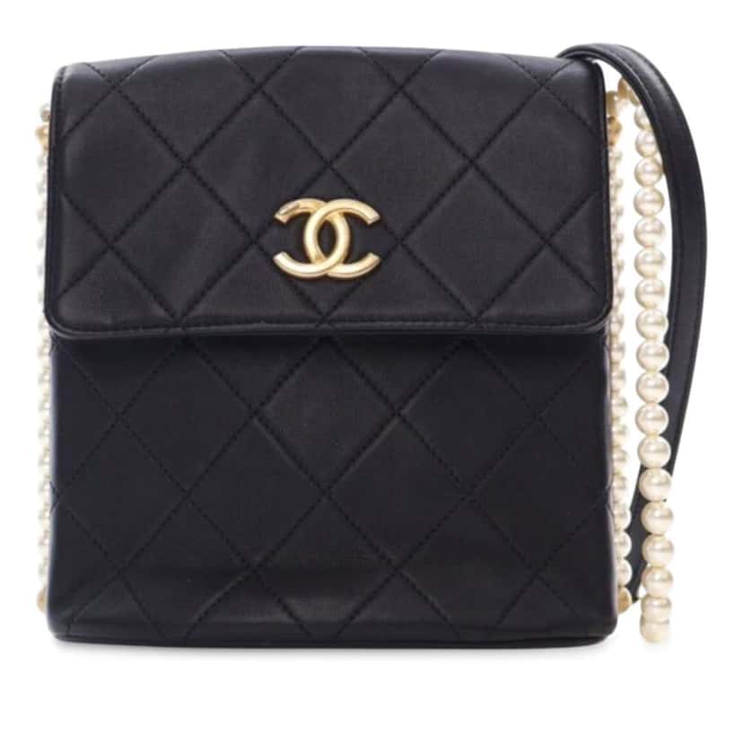 Chanel Small Quilted Calfskin About Pearls Hobo Black Leather Good condition - Front View