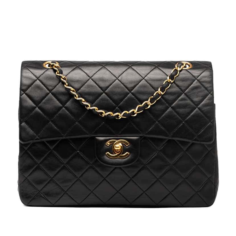 Chanel Medium Tall Classic Lambskin Double Flap Black Leather Good condition - Front View
