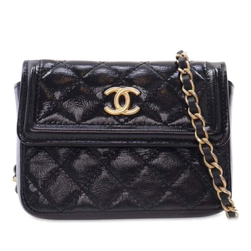 Chanel Quilted Shiny Aged Calfskin Waist Belt Bag Black Leather Good condition - Front View