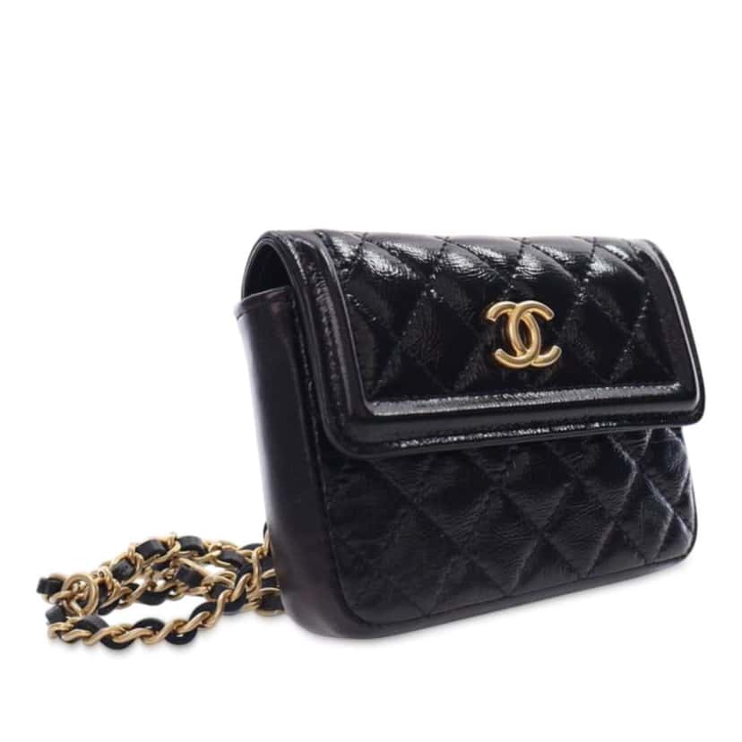 Chanel Quilted Shiny Aged Calfskin Waist Belt Bag Black Leather Good condition - Back View