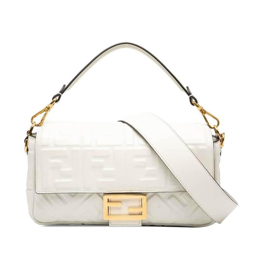Fendi Zucca Embossed Leather Baguette Satchel White Leather Good condition - Front View