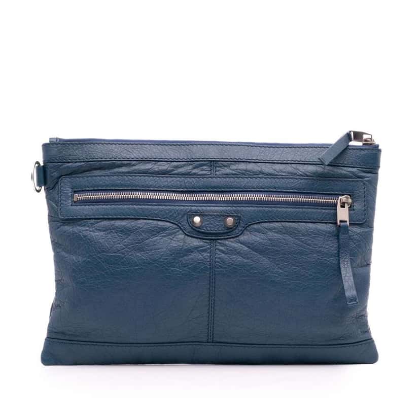 Balenciaga Lambskin Motocross Classic Clip M Clutch Blue Leather Good condition - Front View