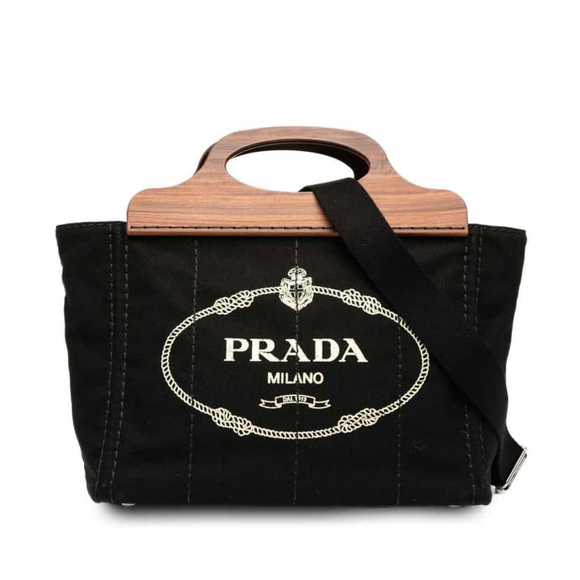 Prada Canvas Wood Handle Canapa Logo Satchel Black Canvas Good condition - Front View