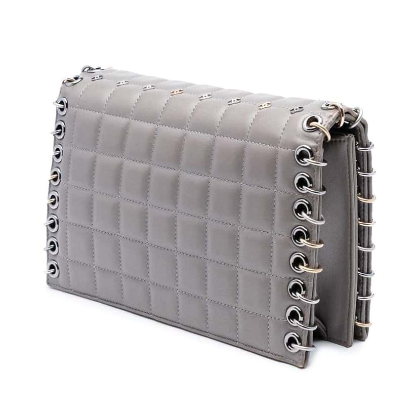 Chanel Small Lambskin Chocolate Bar CC Piercing Studded Chain Flap Grey Leather Very good condition - Back View