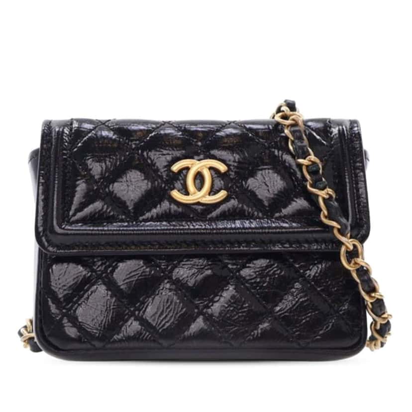 Chanel Quilted Shiny Aged Calfskin Waist Belt Bag Black Leather Good condition - Front View