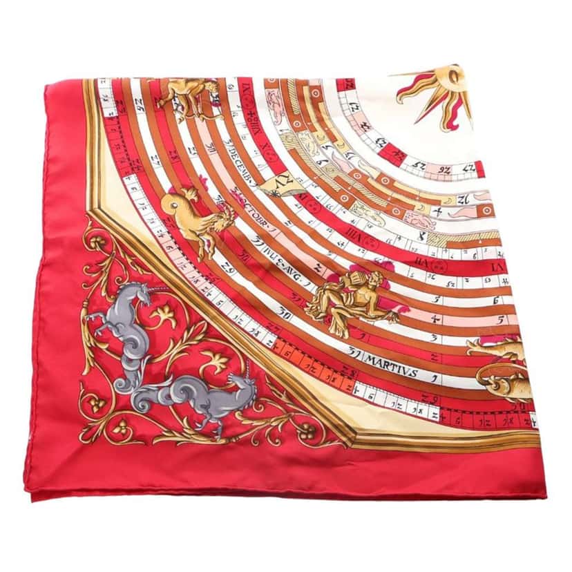 Hermès Astrologie Dies et Hore Silk Scarf 90 Red Silk Good condition - Front View