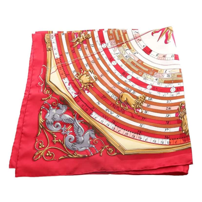 Hermès Astrologie Dies et Hore Silk Scarf 90 Red Silk Good condition - Inside View