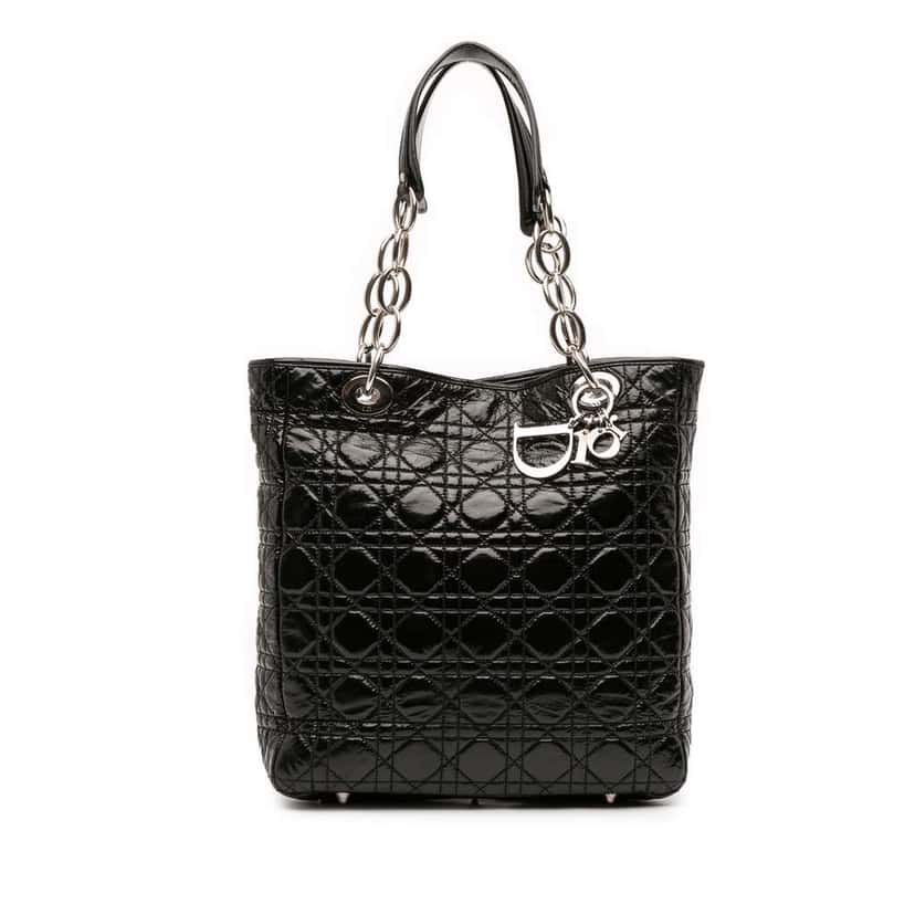 Dior Medium Patent Cannage Vertical Soft Shopping Tote Black Leather Good condition - Front View