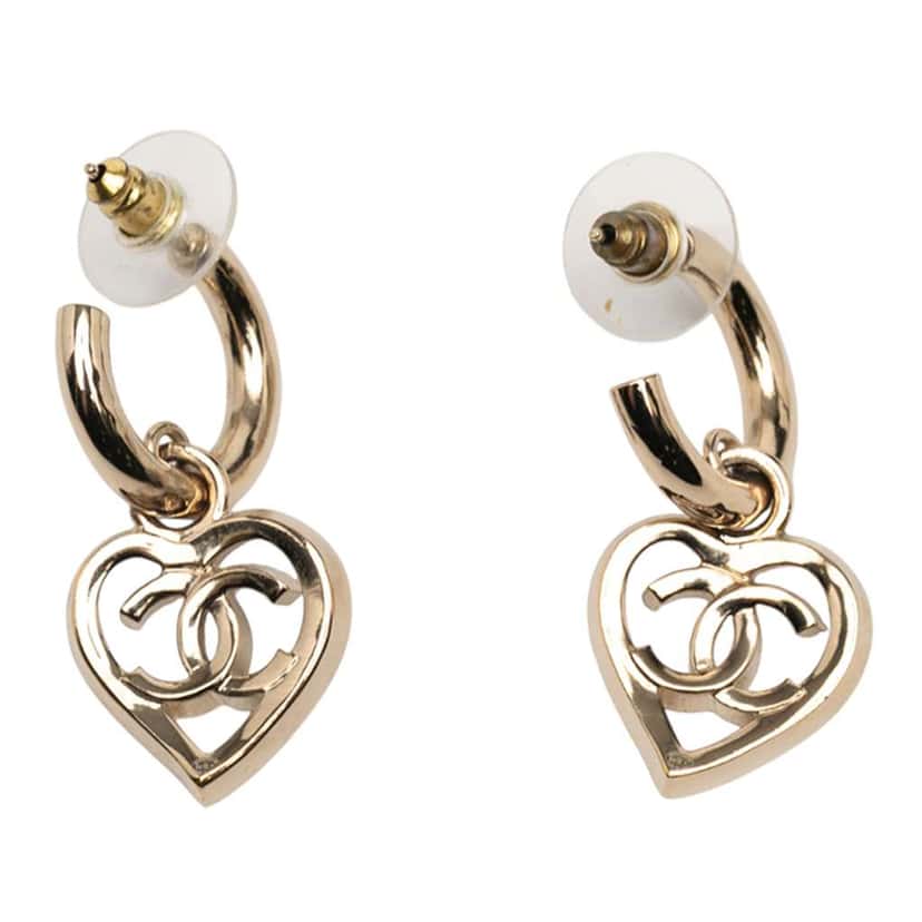 Chanel Gold Plated CC Heart Coco in Love Hoop Push Back Earrings Gold Metal Good condition - Back View