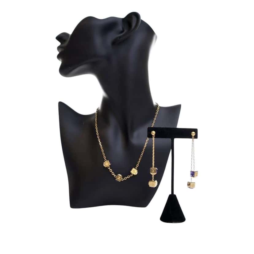 Louis Vuitton Gold Plated Crystal Gamble Drop Earrings And Necklace Set Gold Metal Good condition - Front View