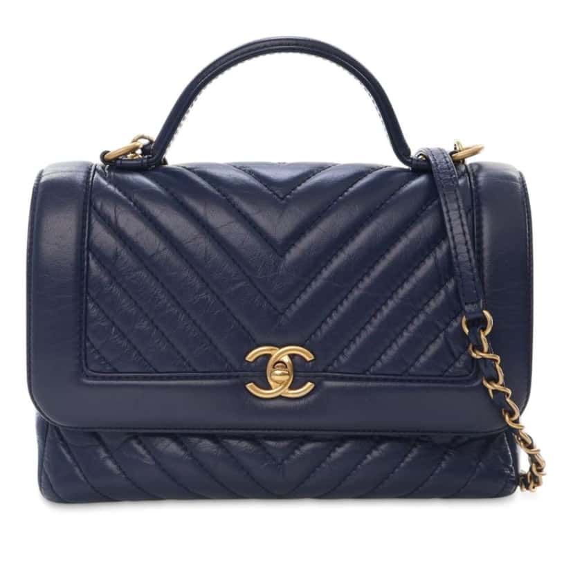 Chanel CC Chevron Aged Calfskin Top Handle Flap Blue Leather Good condition - Front View