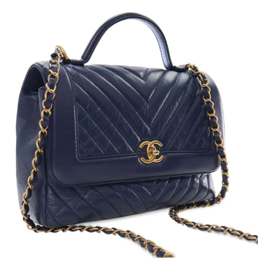 Chanel CC Chevron Aged Calfskin Top Handle Flap Blue Leather Good condition - Back View