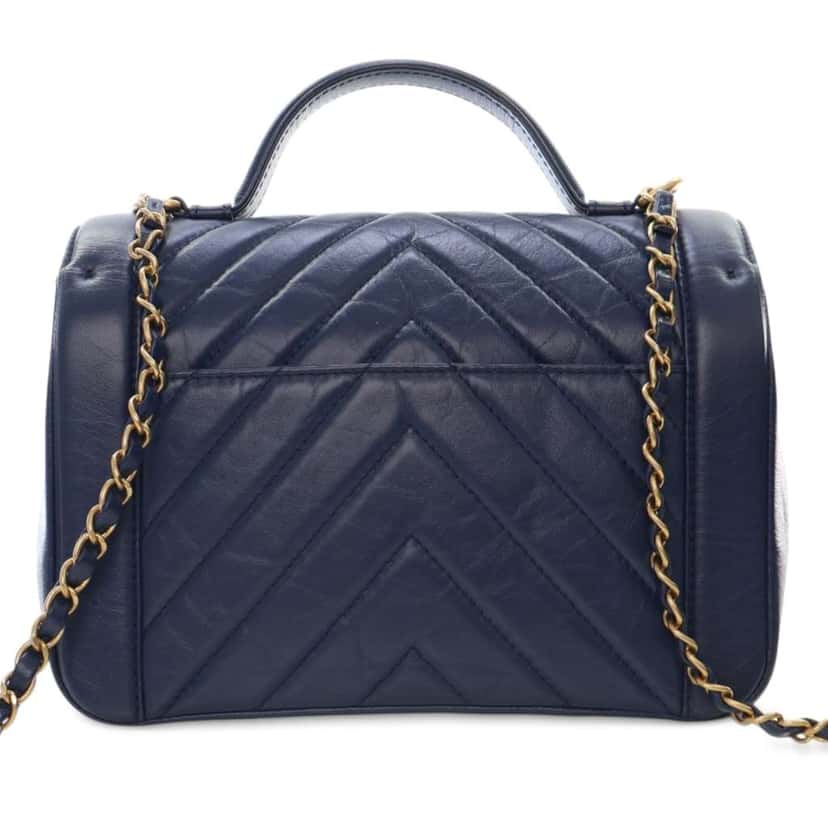 Chanel CC Chevron Aged Calfskin Top Handle Flap Blue Leather Good condition - Inside View