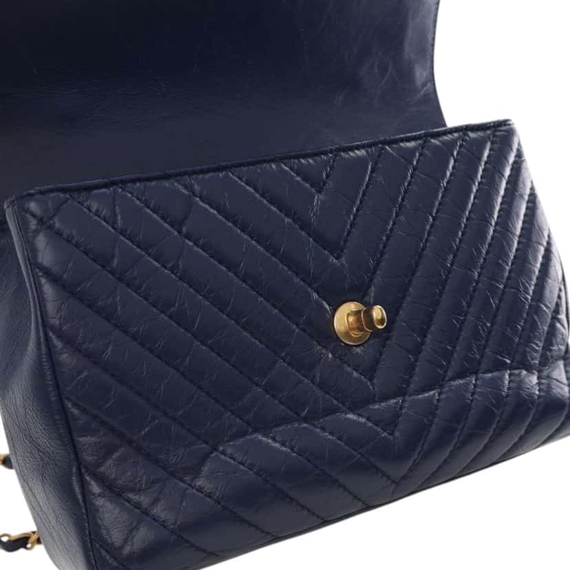 Chanel CC Chevron Aged Calfskin Top Handle Flap Blue Leather Good condition - Box View