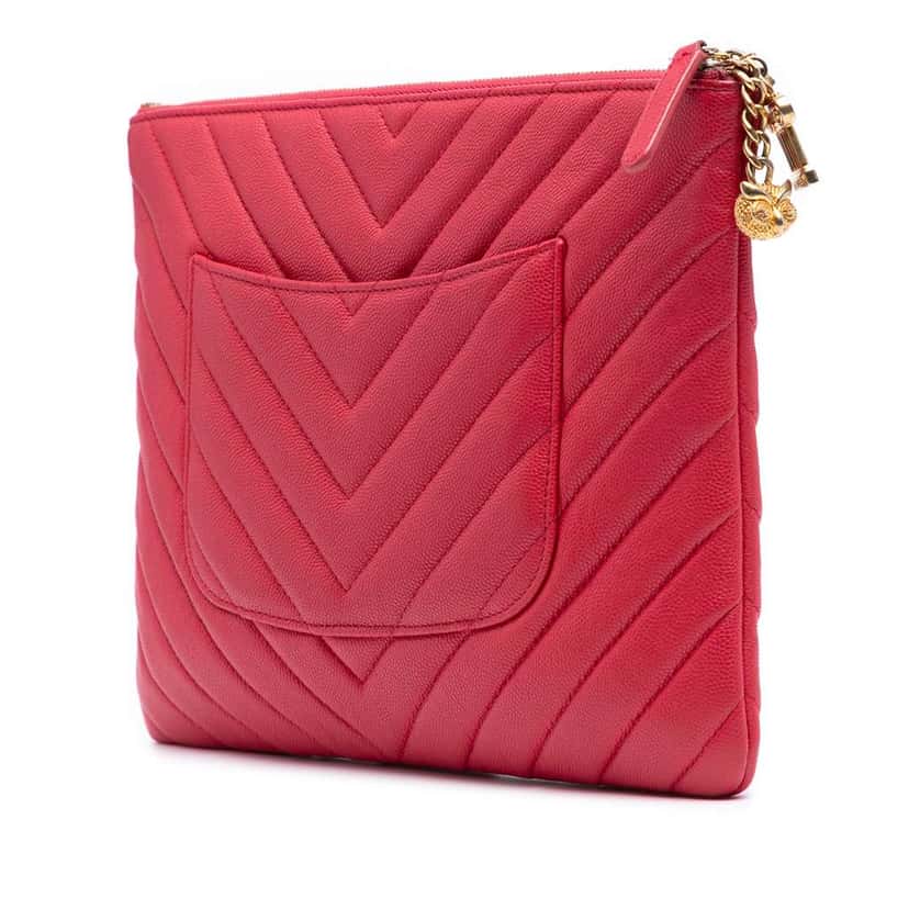 Chanel Medium Chevron Caviar Ancient Greek Charms O Case Clutch Red Leather Good condition - Back View