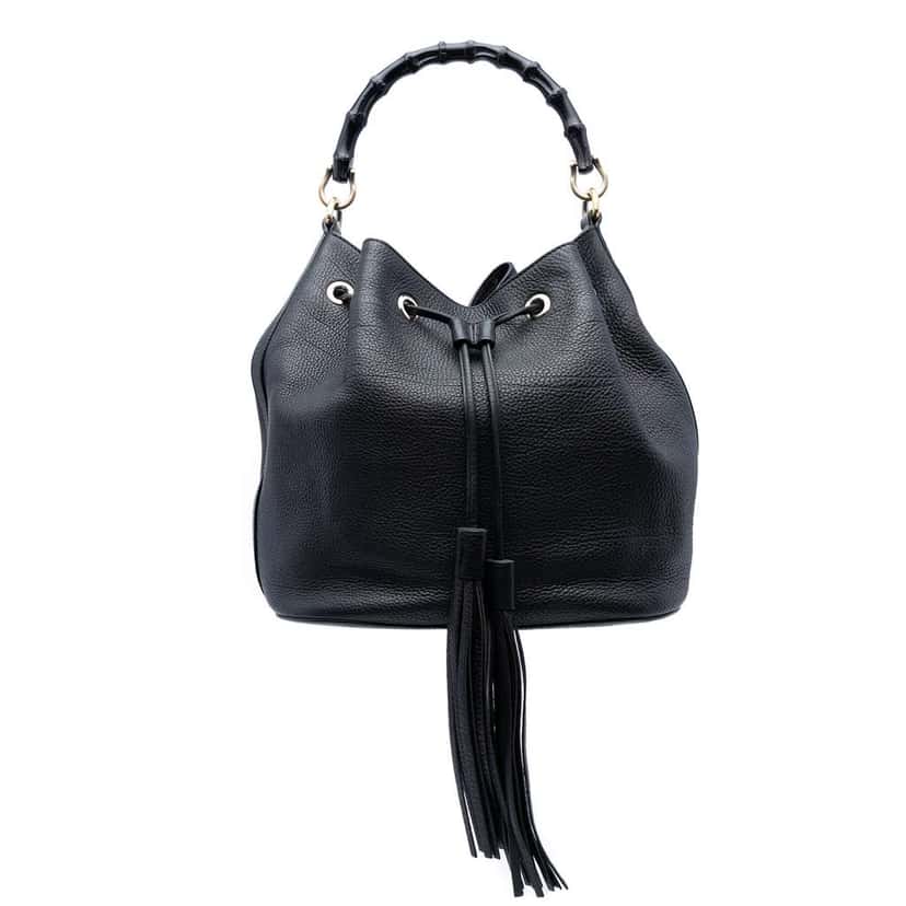 Gucci Pebbled Calfskin Miss Bamboo Tassel Bucket Bag Black Leather Good condition - Front View