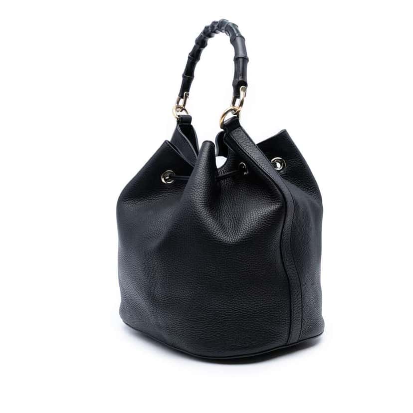 Gucci Pebbled Calfskin Miss Bamboo Tassel Bucket Bag Black Leather Good condition - Back View