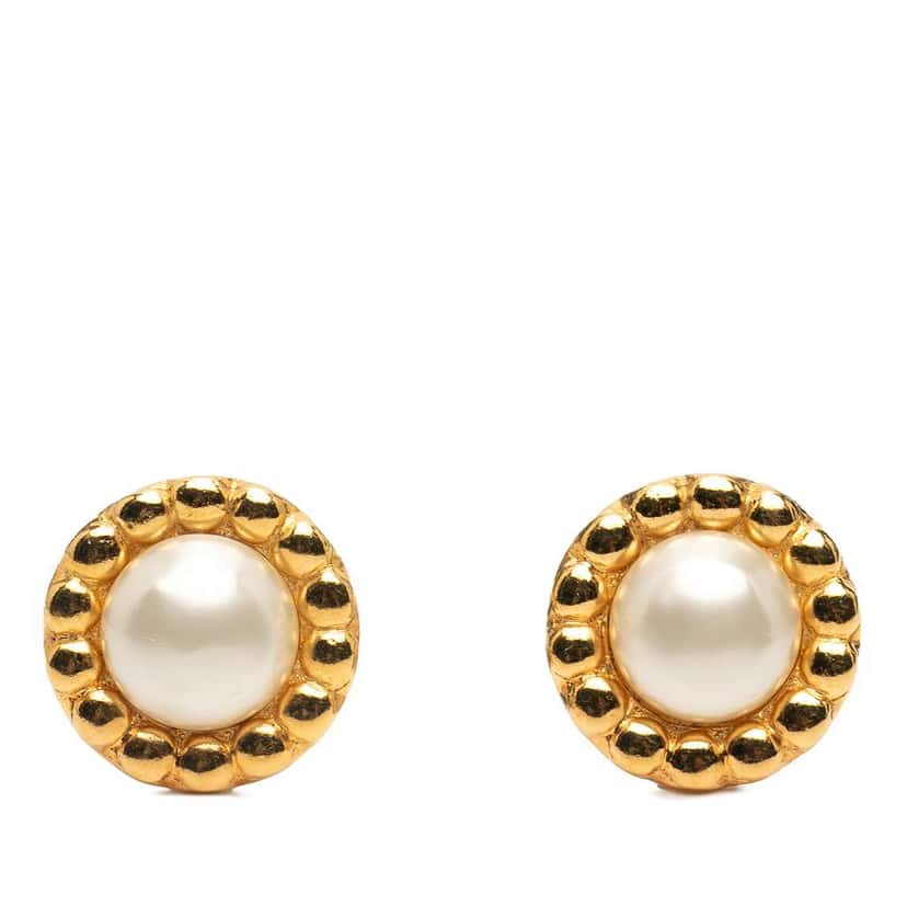 Chanel Gold Plated Faux Pearl Clip On Earrings Gold Metal Good condition - Front View