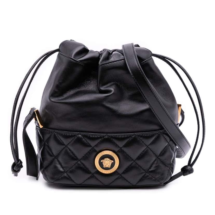 Versace Quilted Calfskin La Medusa Drawstring Bucket Bag Black Leather Good condition - Front View