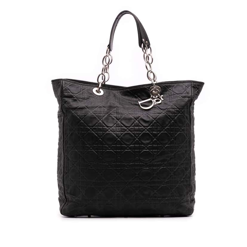 Dior Large Lambskin Cannage Lady Dior Soft Shopping Tote Black Leather Good condition - Front View