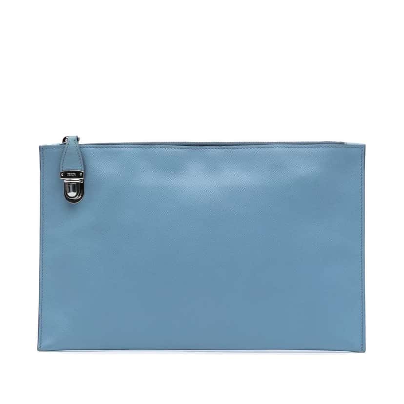 Prada Saffiano Lux Zip Clutch Blue Leather Good condition - Front View