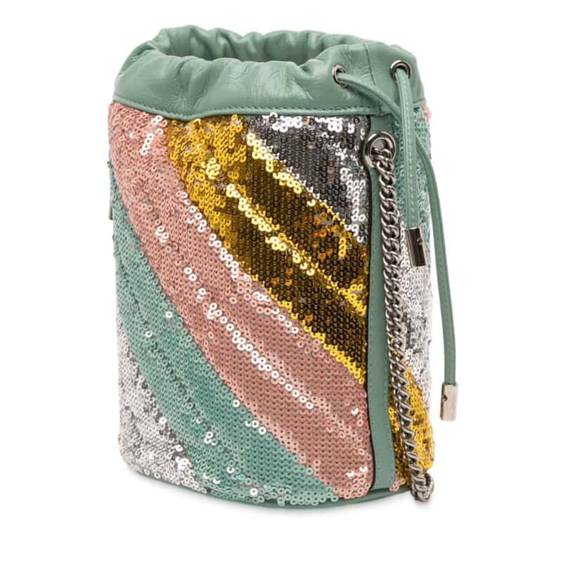 Gucci Small GG Marmont Sequined Diagonal Matelasse Leather Bucket Bag Green Leather Good condition - Back View