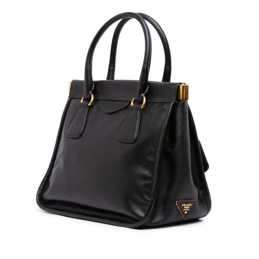 Prada Saffiano Lucido Top Handle Frame Tote Black Leather Good condition - Back View