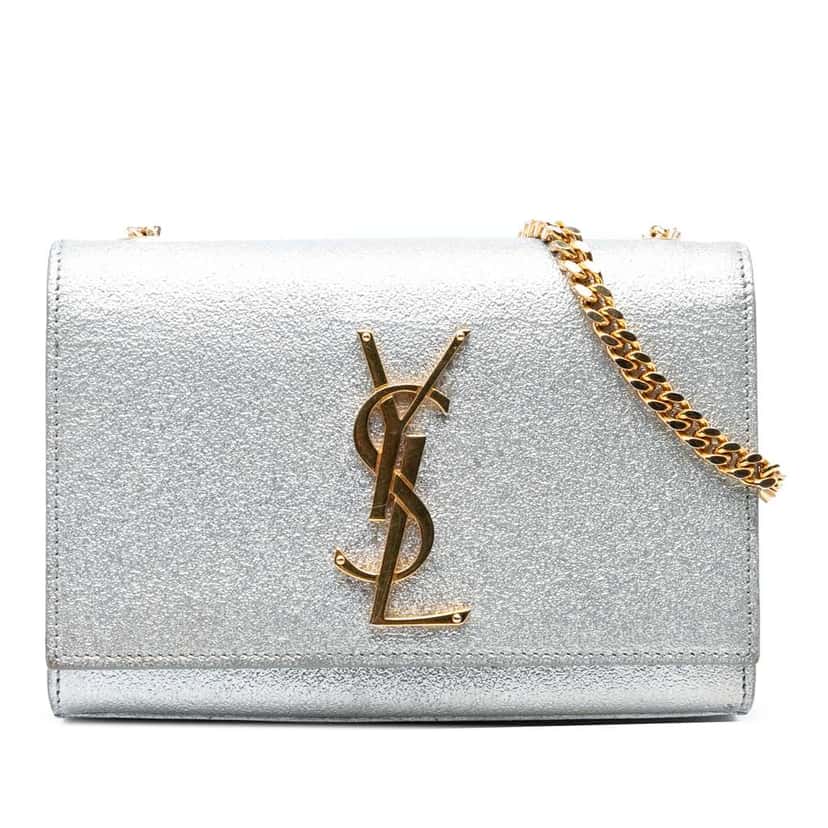 Saint Laurent Small Metallic Calfskin Classic Monogram Kate Crossbody Silver Leather Good condition - Front View