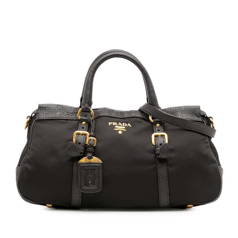 Prada Vitello Daino Trimmed Tessuto Zip Top Satchel Black Good condition - Front View
