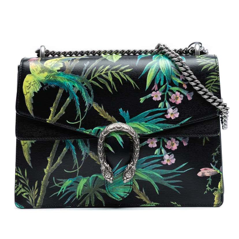 Gucci Medium Leather Tropical Print Dionysus Shoulder Bag Black Leather Good condition - Front View