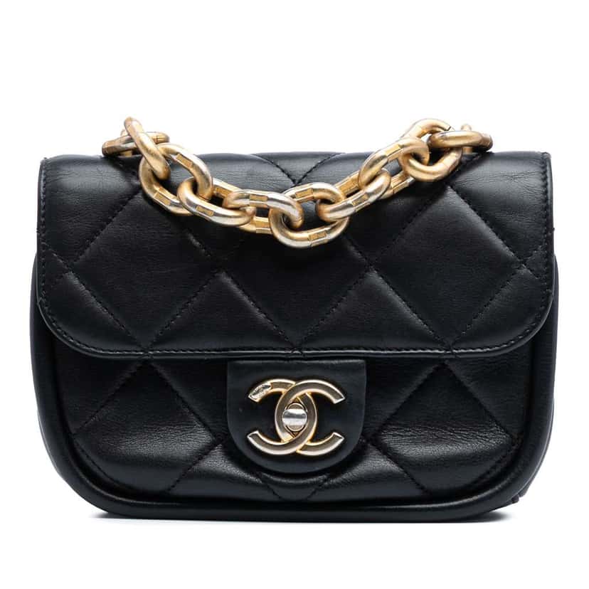 Chanel Mini Quilted Lambskin Chain Top Handle Flap Black Leather Very good condition - Front View