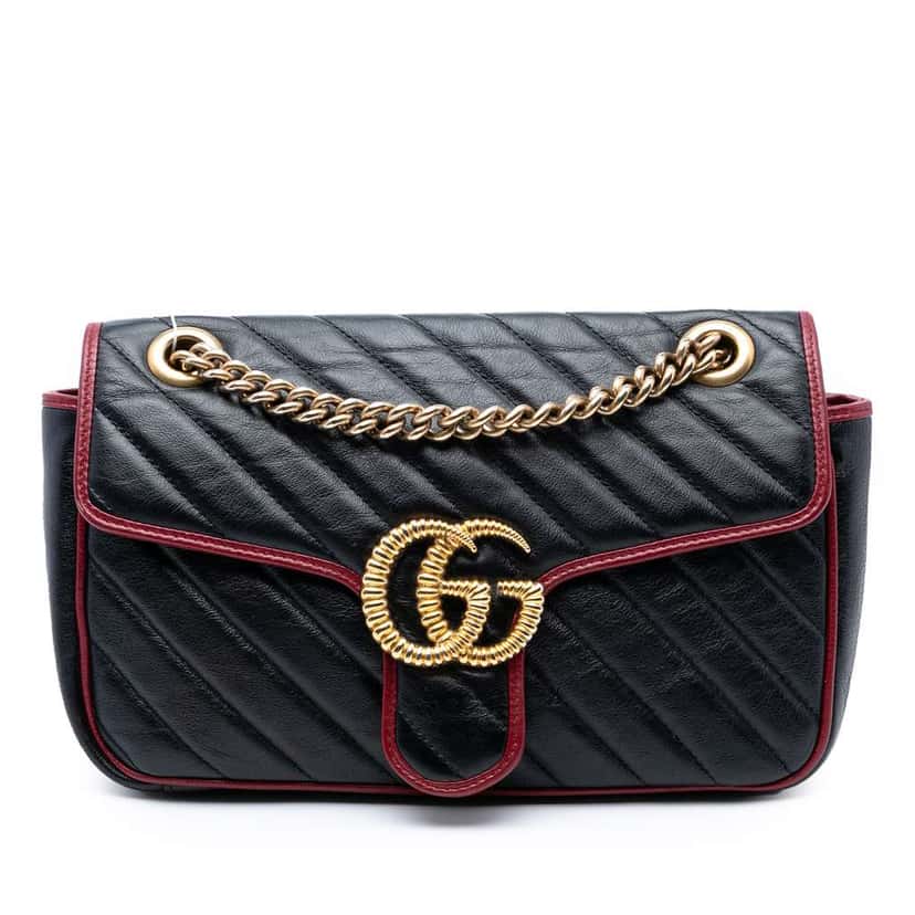 Gucci Medium GG Marmont Matelasse Diagonal Leather Torchon Shoulder Bag Black Leather Good condition - Front View