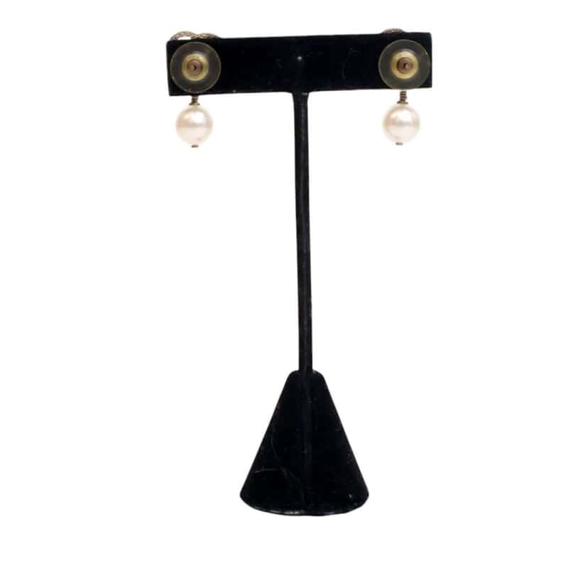 Chanel Gold Plated CC Faux Pearl Drop Push Back Earrings Gold Metal Good condition - Back View