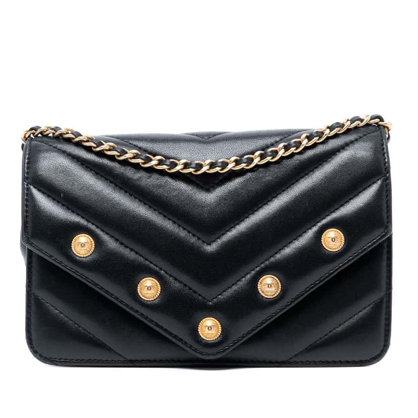 Chanel Chevron Lambskin Button Wallet On Chain Black Leather Good condition - Front View