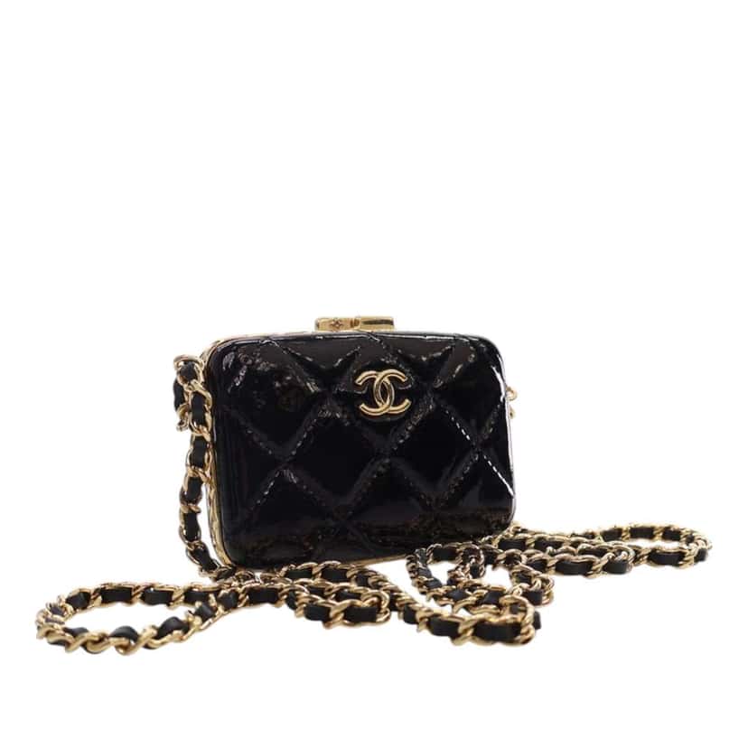 Chanel Small Glazed Goatskin Box With Chain Black Leather Very good condition - Back View
