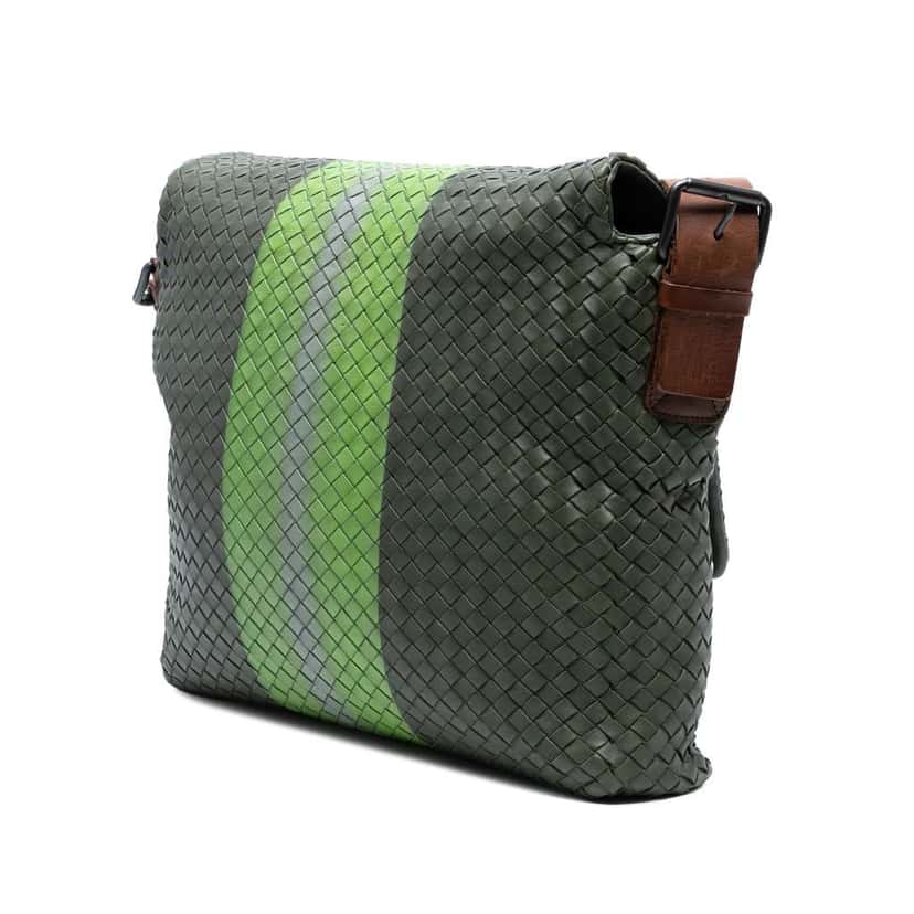 Bottega Veneta Nappa Intrecciato Stripes Messenger Bag Green Leather Good condition - Back View