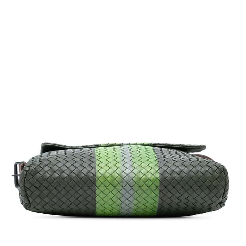 Bottega Veneta Nappa Intrecciato Stripes Messenger Bag Green Leather Good condition - Inside View