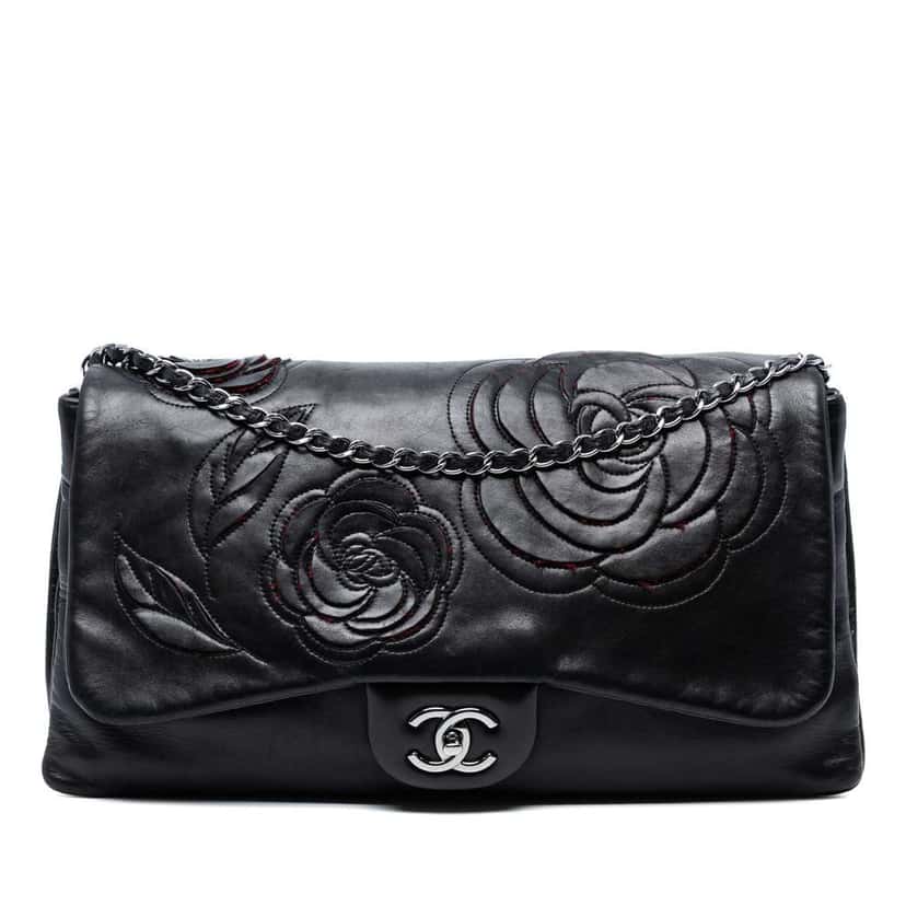 Chanel Lambskin and Tweed Camellia Petals Flap Black Leather Good condition - Front View
