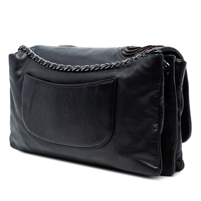 Chanel Lambskin and Tweed Camellia Petals Flap Black Leather Good condition - Back View