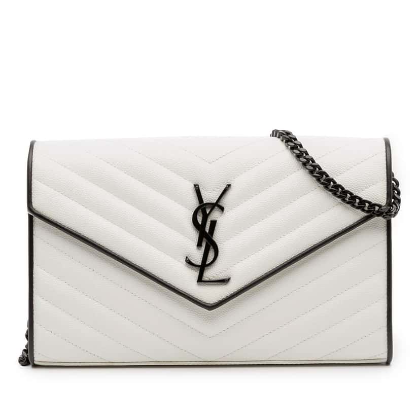 Saint Laurent Grain De Poudre Matelasse Chevron Monogram Chain Wallet White Leather Good condition - Front View