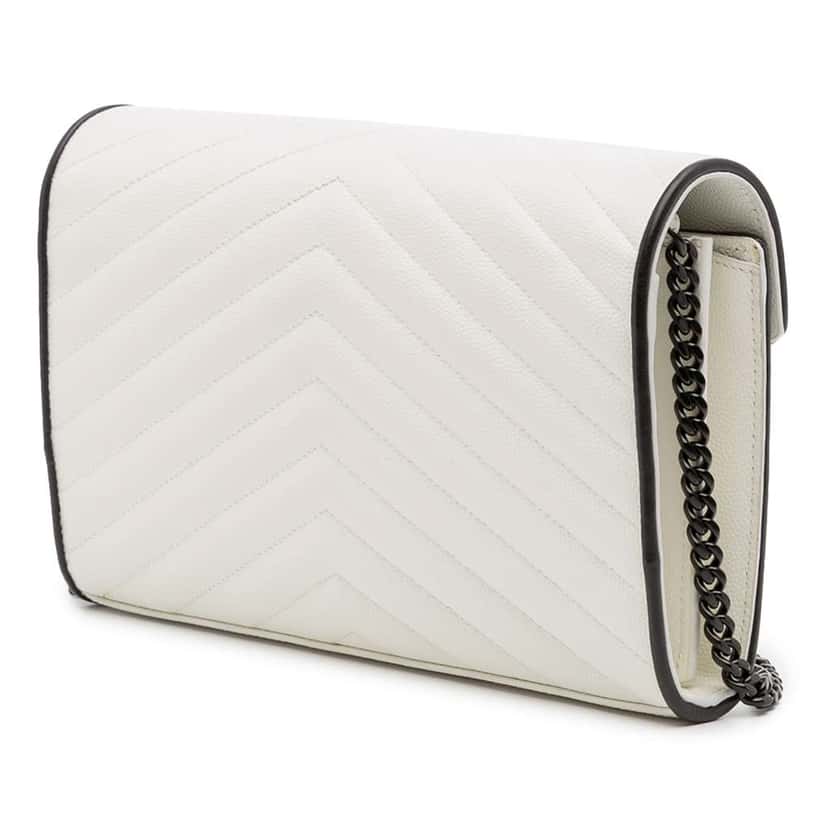 Saint Laurent Grain De Poudre Matelasse Chevron Monogram Chain Wallet White Leather Good condition - Back View